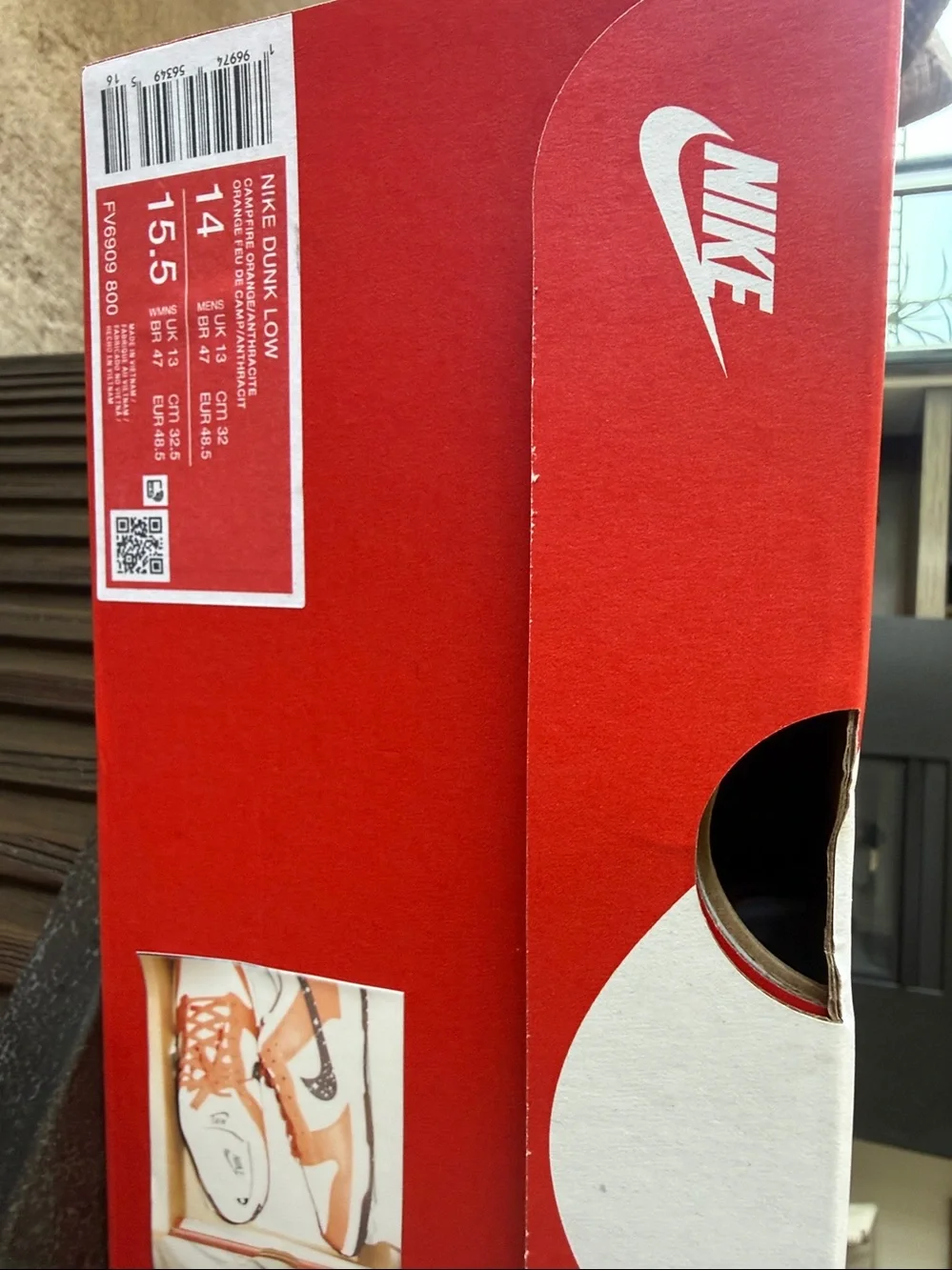 Nike Dunk Low-Top Sneakers in White, Orange & Black.